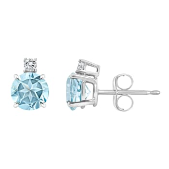 5mm Round Aquamarine with Diamond Accents 14k White Gold Stud Earrings