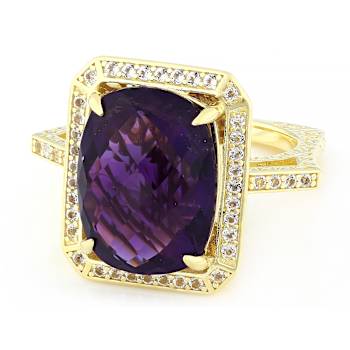 Amethyst Rectangular Cushion And White Topaz Ring In 18K Gold Over
Sterling Silver 10.20ctw