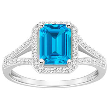 8x6mm Emerald Cut Blue Topaz 1/4 ctw Diamond Rhodium Over Sterling
Silver Halo Ring