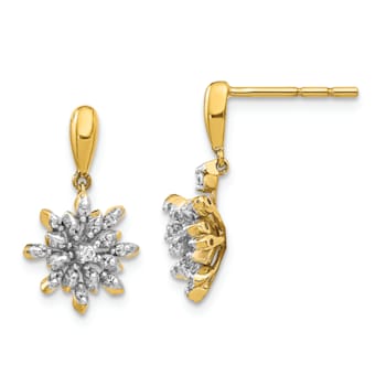 14K Yellow Gold and Rhodium Over 14K Gold Diamond Flower Post Dangle Earrings