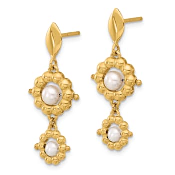 14K Yellow Gold Polished Freshwater Cultured Pearl Flower Post Dangle Earrings
