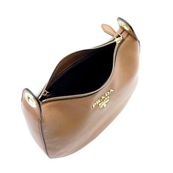 Prada Vitello Phenix Caramel Brown Leather Web Stripe Crossbody Bag