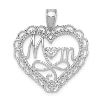 Rhodium Over 14k White Gold Polished and Textured Mom Scallop Heart Pendant