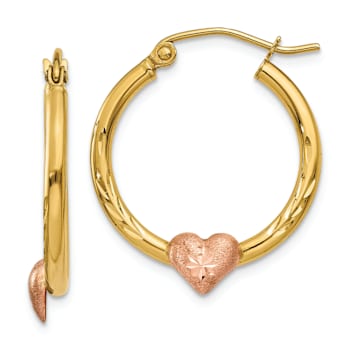 14k Yellow Gold and 14k Rose Gold Satin and Diamond-Cut 7/8" Heart
Hoop Earrings
