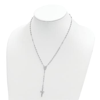 Rhodium Over 14K White Gold Polished Faceted Beads Rosary 18-inch Necklace