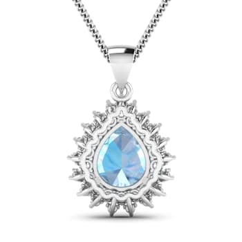 2.30ctw 14K White Gold Pear  Aquamarine and White Diamond Pendant with
18 inch Cable Chain