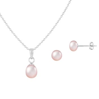 6mm Pink Cultured Freshwater Pearl Rhodium Over Sterling Silver Pendant
& Earring Set