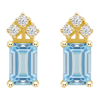 6x4mm Emerald Cut Aquamarine with Diamond Accents 14k Yellow Gold Stud Earrings