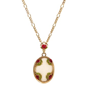 Yellow Base Metal Faux Pearl Red Flower Oval Pendant Necklace 30"