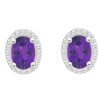 7x5mm Oval Amethyst 1/5 ctw Diamond Rhodium Over Sterling Silver Halo
Stud Earrings