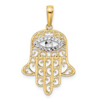 14k Two-tone Gold  Diamond-Cut Filigree Evil Eye Hamsa Pendant