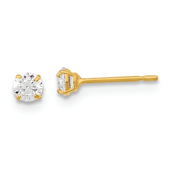 14K Yellow Gold 3mm Round Cubic Zirconia Basket Set Stud Earrings