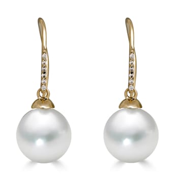 14KY 8mm  Cultured Pearl Dangling 0.034 ctw Diamond Earrings