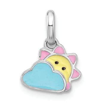 Rhodium Over Sterling Silver Enameled Sun and Cloud Children's Pendant