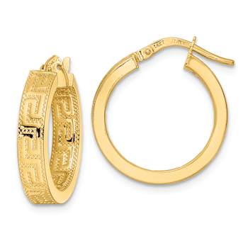 14k Yellow Gold 13/16" Textured and Polished Hoop Earrings