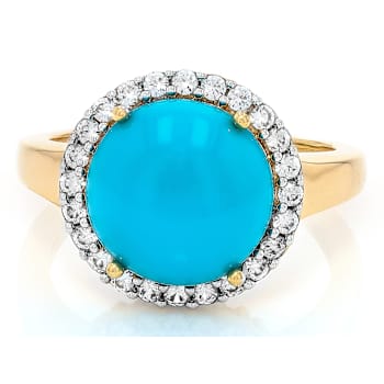 Turquoise And White Zircon Round Ring In 18K Gold Over Sterling Silver 0.43ctw