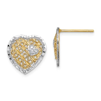 14K Two-tone Gold Filigree Heart Stud Earrings