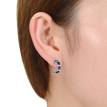 Sapphire Color CZ Half Hoop Earrings In Sterling Silver