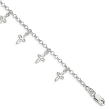 Sterling Silver Polished Cross Charms with 1-inch Extensions Children's Bracelet
