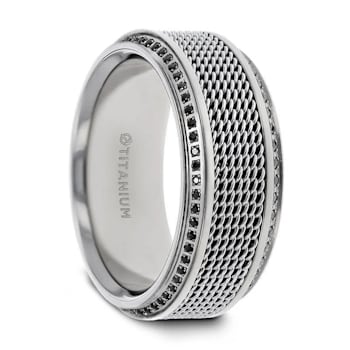 GAUNTLET Steel Chain Titanium Wedding Ring Polished Beveled Edges Set
with Round Black Diamonds 10mm