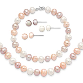 Rhodium Over Sterling Silver Multi-color Freshwater Pearl
Necklace/Bracelet/Earring Set