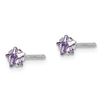 Sterling Silver Rhodium-plated Purple CZ Star Children's Stud Earrings