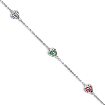 Rhodium Over Sterling Silver Red, Green and Blue Glass Heart with 1-inch
Extension Bracelet