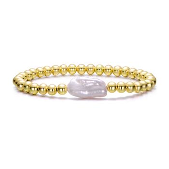 Baroque Pearl And Ball Bead Link Stretchable Bracelet In 14K Gold Over Brass