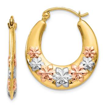 14k Yellow Gold and Rhodium Over 14k Yellow Gold 7/8" Flowers Hoop Earrings