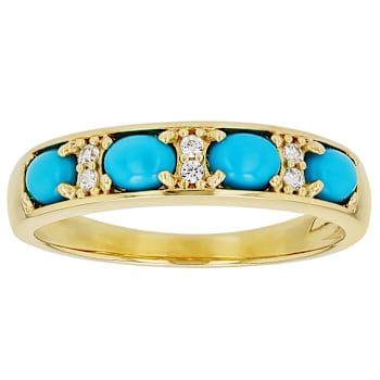 Turquoise And White Zircon Band Ring In 18K Gold Over Sterling Silver 0.05ctw