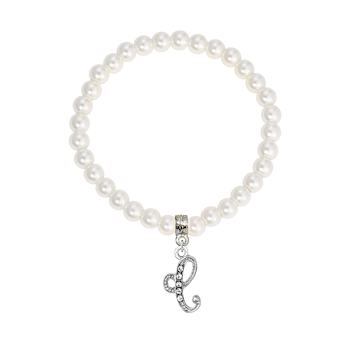 White Faux Pearl Bead Initial Charm Stretch Bracelet