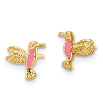 14K Yellow Gold Pink Enameled Hummingbird Stud Earrings