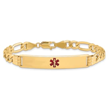 14k Yellow Gold Medical Red Enamel Figaro Link ID Bracelet