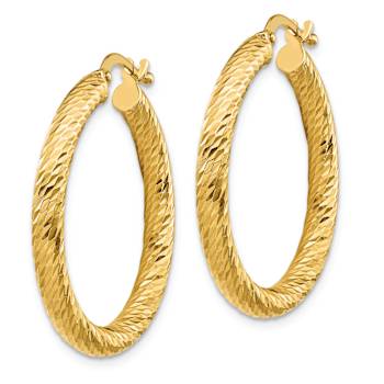 14k Yellow Gold 1 1/8" Diamond-Cut Round Hoop Earrings