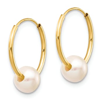 14K Yellow Gold 5-6mm White Semi-round Freshwater Cultured Pearl Endless
Hoop Earrings