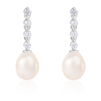 7-8mm White Cultured Freshwater Pearl and Cubic Zirconia Rhodium Over
Sterling Silver Earrings