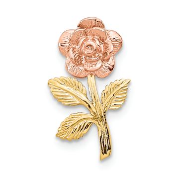 14k Two-tone Gold  Textured Mini Pink Rose Flower Chain Slide Pendant