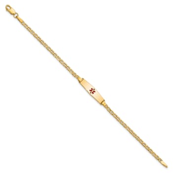 14k Yellow Gold Medical Soft Diamond Shape Red Enamel Mariner Link ID Bracelet