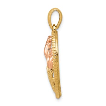 14k Two-tone Gold Polished and Textured Flowers in Heart Pendant