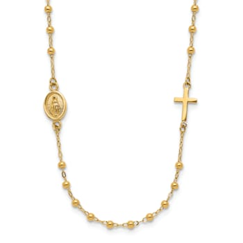 14K Yellow Gold Polished Miraculous Medal and Cross Rosary Design Necklace