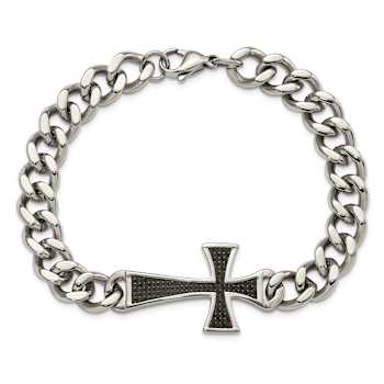 Stainless Steel Polished Black Carbon Fiber Inlay Cross Bracelet