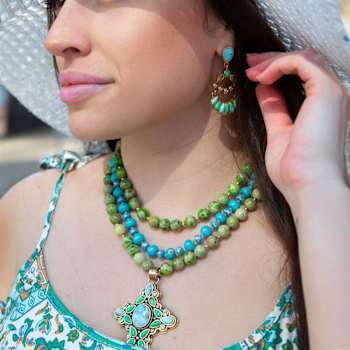 Barse Jewelry Blue and Lime Composite Turquoise Gold Tone Legacy Dangle Earrings