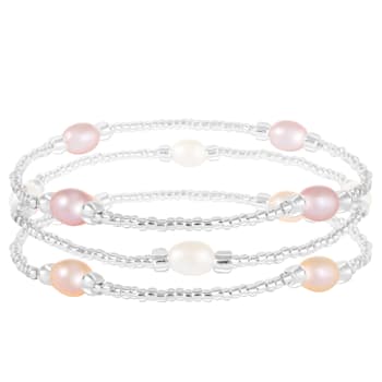 3 Elastic Freshwater Pearl Bracelets In Multicolor