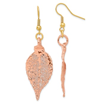 Copper Dipped Evergreen Leaf Gold Tone Shepherd Hook Earrings