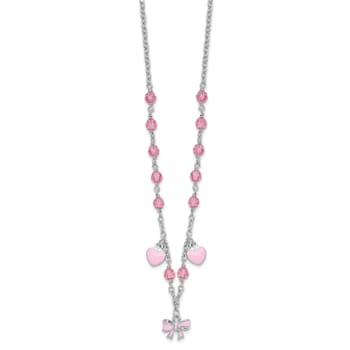 Rhodium Over Sterling Silver Crystal and Pink Enamel Heart with 1-inch
Extension Children's Necklace