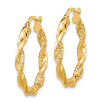 14k Yellow Gold Polished and Textured 1" Twisted Hoop Earrings
