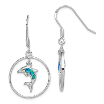 Rhodium Over Sterling Silver with Lab Created Opal Dolphin Dangle Earrings