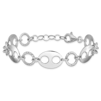 Rhodium Over Sterling Silver Diamond-cut Link  with 1-inch Extension Bracelet