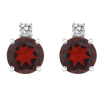 5mm Round Garnet with Diamond Accents 14k White Gold Stud Earrings