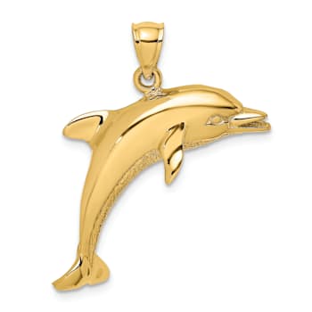 14k Yellow Gold Polished and Textured Jumping Dolphin Pendant
